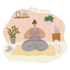 Quarantine or self-isolation. The girl is sitting in the lotus position. Home yoga classes. To stay home