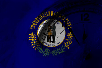 Obraz premium United States of America, America, US, USA, American, Kentucky flag with clock close to midnight in the background. Happy New Year concept