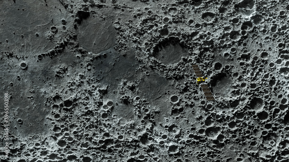 Wall mural textured surface of the moon in motion close-up. satellite moving along the moon. 3d illustration. e