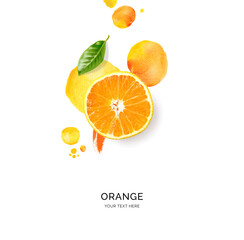Creative layout made of orange with watercolor spots on the white background. Flat lay. Food concept.