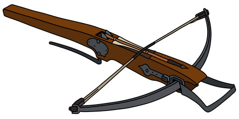 The vectorized hand drawing of a historical wooden crossbow