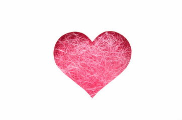 pink heart cut out of paper filled with sisal. Valentine's day greeting card. I love you
