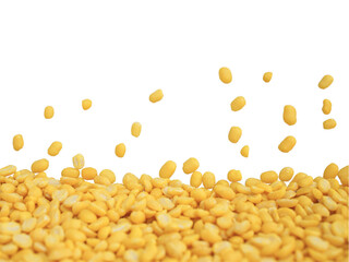 Golden yellow organic mung beans without shell isolated on white background with copy space.