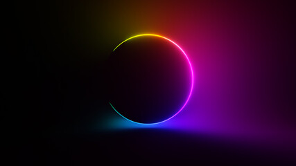 Abstract circular neon background. Fluorescent glowing neon glowing light gradient. 3d illustration
