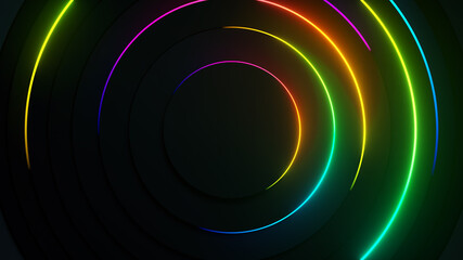 Radial abstract neon background. Laser neon lines move in a circle along a circular dark geometry. Conceptual technology background. Rainbow light spectrum. 3d illustration