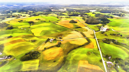Flying over the farmland with cultivated fields colorful painting looks like picture.
