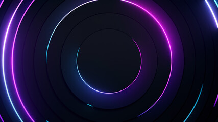 Radial abstract neon background. Laser neon lines move in a circle along a circular dark geometry. Conceptual technology background. Blue purple light spectrum. 3d illustration