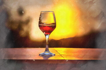 Beautiful scene with wine glass standing alone on natural sunset sky