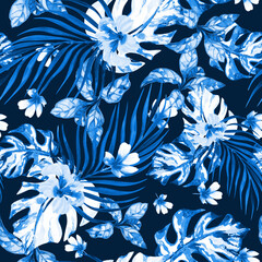 blue tropical flowers and leaves seamless pattern, floral print on black background, watercolor illustration.  © AineGing