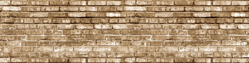 Sepia Brick Wall Background Large Banner. Aged Wall Texture. Distressed Urban City Brickwork. Grungy Black White Stonewall Wide Wallpaper.