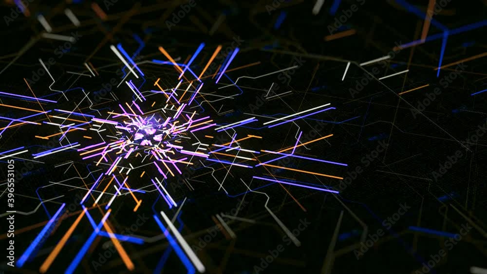 Poster lines create computer board pattern. animation. pulsing neon lines moving from center creating patte