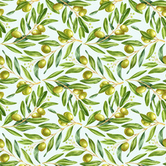 Watercolor seamless pattern with botanical green olive branches on a light background. Fashion ornament for textile, packaging, wallpapers, wrapping paper, wedding design and clothes