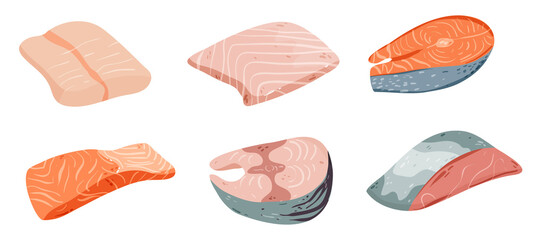 Different fishes and fillet set isolated on white vector illustration. Ocean, river fauna. Healthy diet food design element. Omega sources in cartoon style.