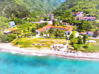 View from drone on Black sea coast resort colorful painting looks like picture.