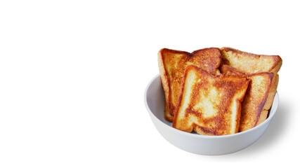 Toast with butter in white ceramic bowl isolated on white background with copy space, Breakfast menu made with bread.