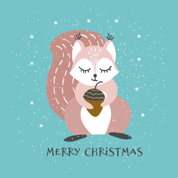 Christmas greeting card with cute sqirrel. Vector illustration.