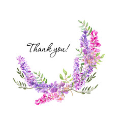 Watercolor illustration. A wreath of twigs of blooming wisteria in lilac and pink flowers with green foliage. Template for your text.