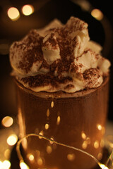 Close-up of the chocolate dessert with with cream and lights