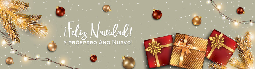 Feliz Navidad. Spanish Christmas Background with Gift box, Balls decoration and Greeting Text of Winter Holidays