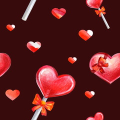 Seamless pattern with hearts. Watercolor illustration on black background