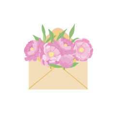 A bouquet of pink flowers inside the envelope. Cartoon vector illustration for decoration or greeting card.