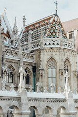 Decorative architectural elements of gothic church of Fisherman Bastion in Budapest, Hungary