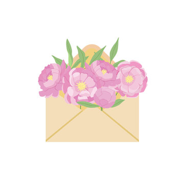 A bouquet of pink flowers inside the envelope. Cartoon vector illustration for decoration or greeting card.