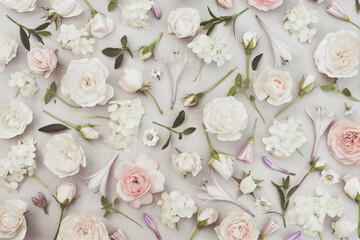 Delicate blossoming pink rose frame, blooming flowers pastel festive background, soft bouquet floral card, toned	