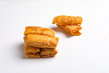indian khari or kharee or salty Puff Pastry Snacks in wooden bowl