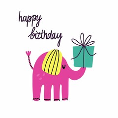 Happy bday. Birthday postcard in primitive minimalist style, cute turtle with festive presents and gifts, kids greeting or invitation card modern party poster flat vector doodle isolated illustration