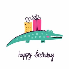 Happy birthday. Postcard in primitive minimalist style, cute crocodile with festive presents and gifts, kid greeting or invitation card modern party poster flat vector doodle isolated illustration