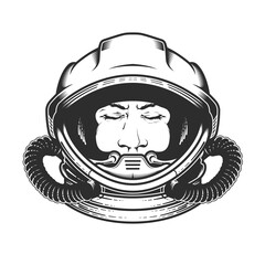 Face of astronaut in space helmet, portrait of spaceman in spacesuit with closed eyes, dreaming cosmonaut, spaceship pilot, vector © Anna