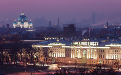 Fototapeta na wymiar Senate and synod buildings in Saint-Petersburg, Russia, Trinity Cathedral, Bronze Horseman