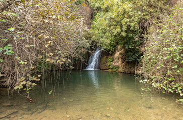 Tahana waterfall  flows from a crevice in the mountain and is located in the continuation of the rapid, shallow, cold mountain Ayun river in the Galilee in northern Israel