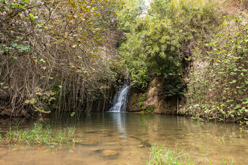 Tahana waterfall  flows from a crevice in the mountain and is located in the continuation of the rapid, shallow, cold mountain Ayun river in the Galilee in northern Israel
