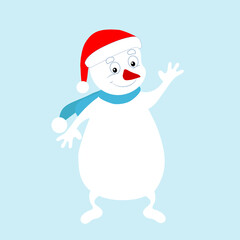 Cheerful joyful snowman in a hat of Santa Claus waves his hand. Picture of a cartoon winter character. Vector for New Year's greetings, decor.
