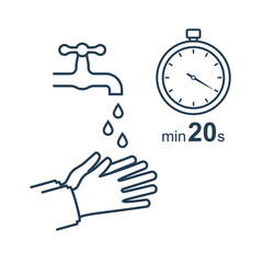 Time wash hands. Stopwatch with a minimum time of 20 seconds. Soap in hand in soap bubbles. Vector illustration flat line design. Personal hygiene. Disinfection, skin care. Antibacterial washing.