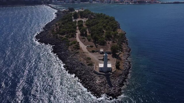 Aerial view of Cranae or Marathonisi island with Tzanetakis medieval tower