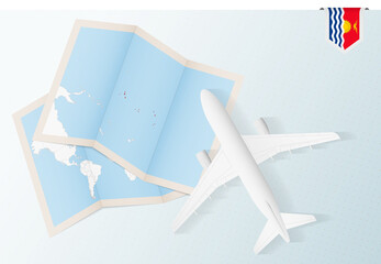Travel to Kiribati, top view airplane with map and flag of Kiribati.