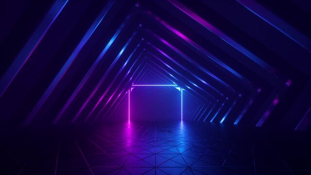 seamless animation of 3d abstract background with rotating corridor room walls. Pink blue neon light, futuristic wallpaper with glowing square frame inside empty spinning tunnel