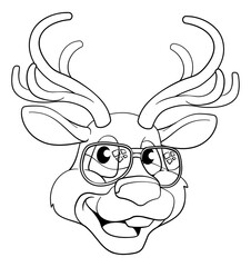 A cool Christmas Santas reindeer cartoon character in sunglasses. In black and white outline like a coloring book page.