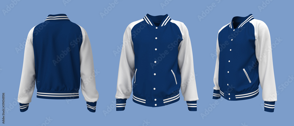 Wall mural Varsity Jacket mockup in front, side and back views. 3d illustration, 3d rendering