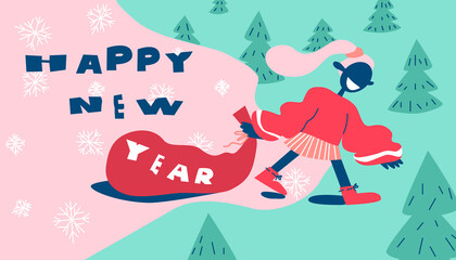 Girl with gifts sack. Happy New Year greeting card background poster. Illustration