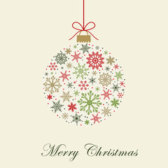 Greeting card with christmas ball made from red, green and gold snowflakes on beige background.New year them. Vector illustration