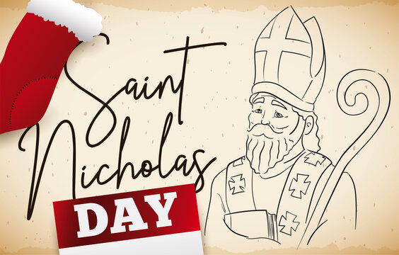 Scroll, Portrait, Calendar and Stockings for Saint Nicholas Day Celebration, Vector Illustration