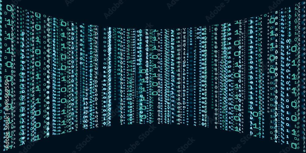 Wall mural Computer system information concept Abstract binary code technology   The background with binary data falling from the top of the digital binary data screen  3d illustration