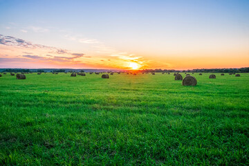 Scenic view at beautiful sunset in a green shiny field with hay stacks, cloudy sky, golden sun rays, anazing summer valley evening landscape © Yaroslav
