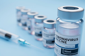 ampoules with Covid-19 vaccine on a laboratory bench. to fight the coronavirus. 3d render
