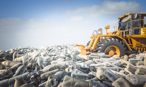 bulldozer mouve mountains of plastic bottles.