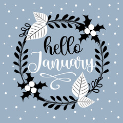 Obraz premium Hello January- wreath with leaves and mistletoe on blue snowy background. Unique design for your greeting cards, banners, flyers and template. Vector illustration in modern style.